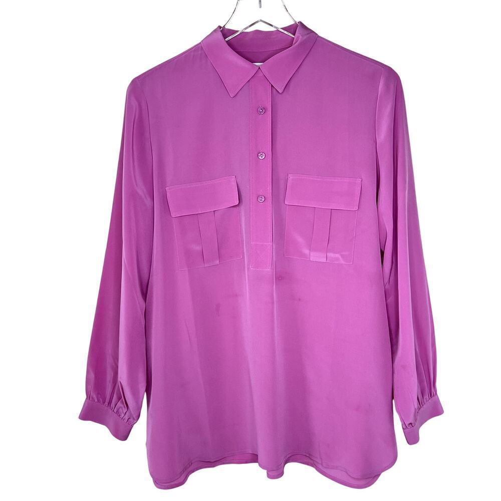 Club Monaco 100% Silk Fuchsia Pink Popover Long Sleeve Blouse LARGE Pockets